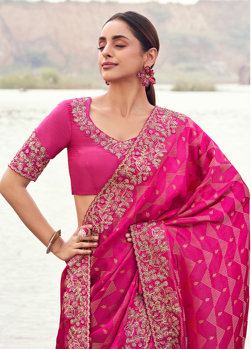 Rani Pink Embroidered Woven Satin Silk Saree