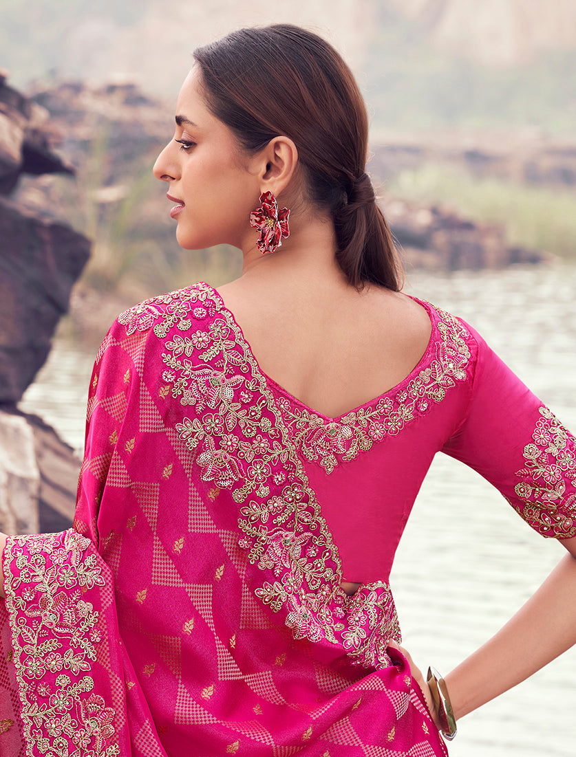 Rani Pink Embroidered Woven Satin Silk Saree