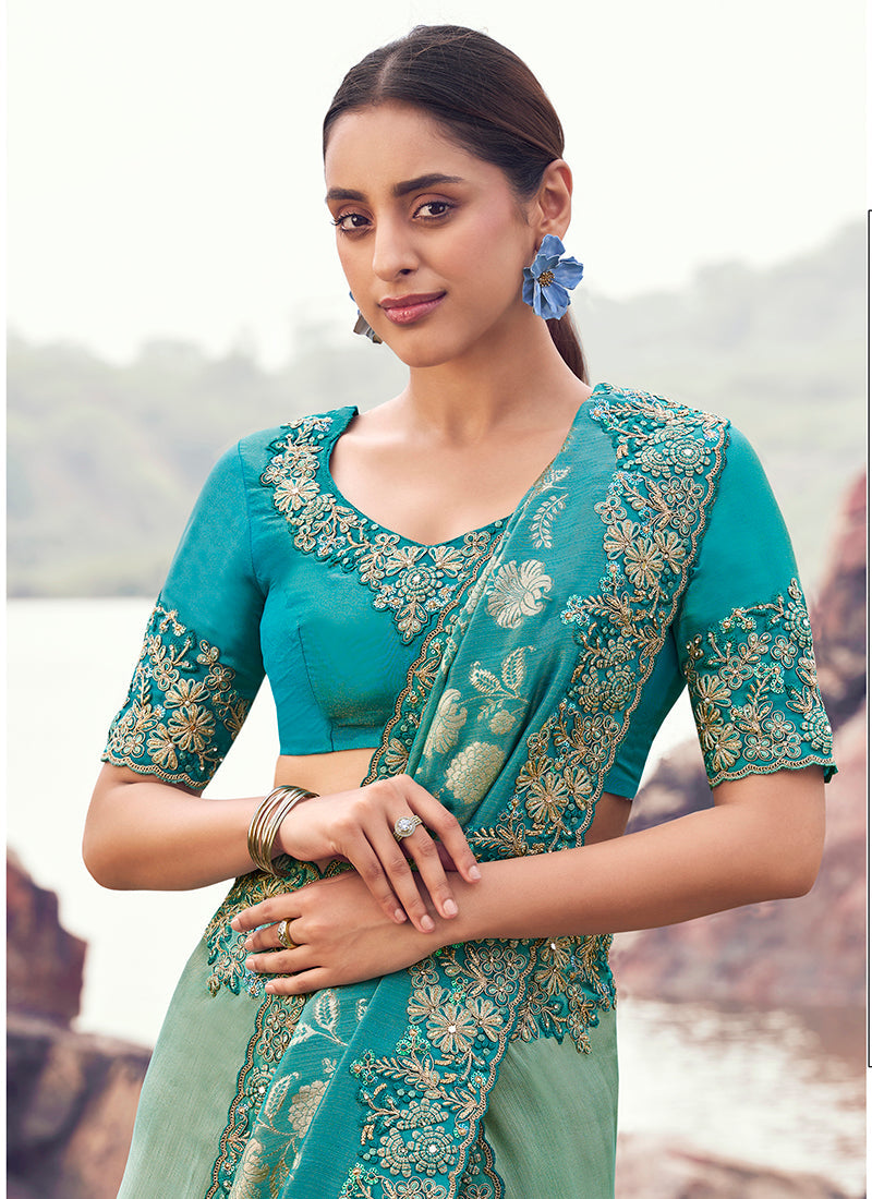 Sea Green & Aqua Blue Embroidered Faux Tissue Silk Saree