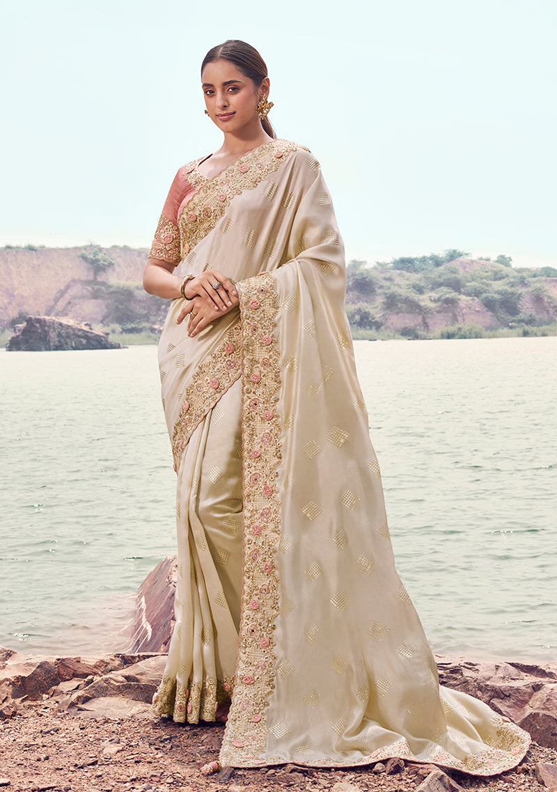 Off white satin silk saree with intricate embroidery and sequin work for children