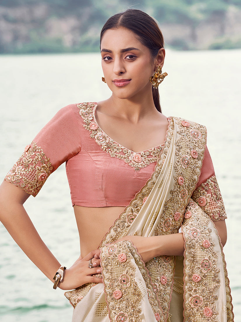 Off White Embroidered Satin Silk Saree with Sequin Work