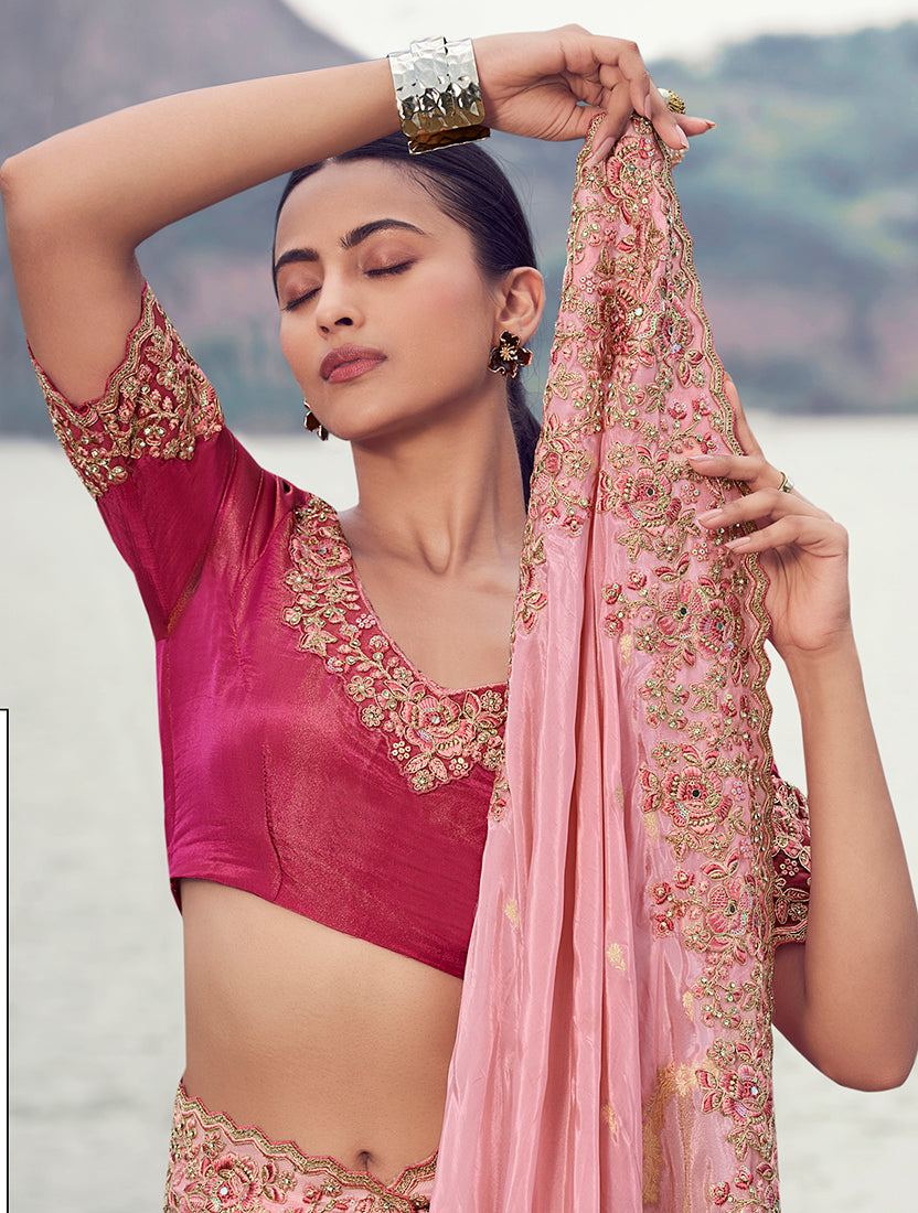 Pink Embroidered Woven Faux Tissue Silk Saree