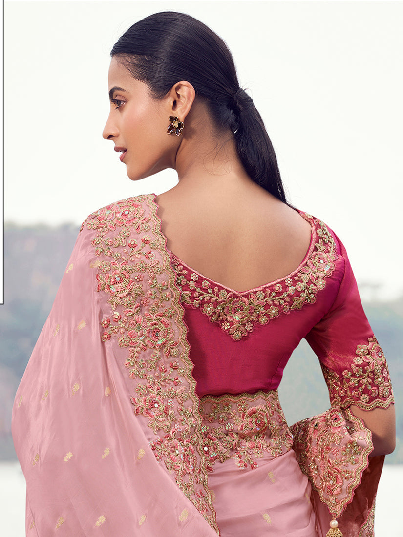 Pink Embroidered Woven Faux Tissue Silk Saree