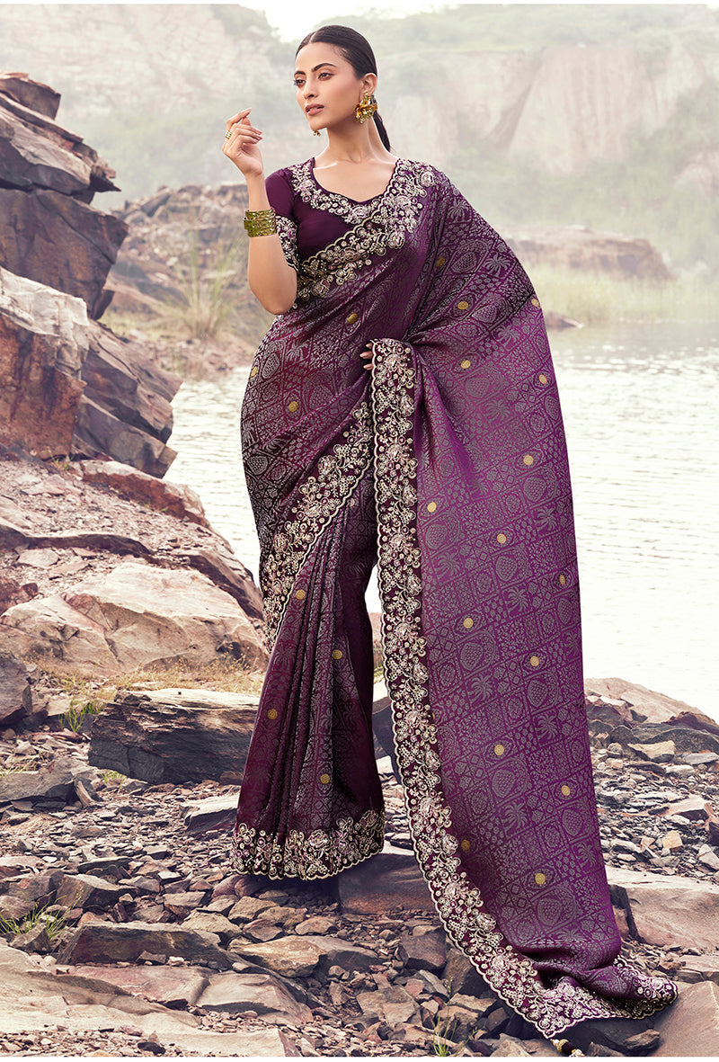 Wine satin silk saree with intricate embroidery, khatli, and sequins work for wedding and festive wear