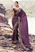 Wine satin silk saree with intricate embroidery, khatli, and sequins work for wedding and festive wear