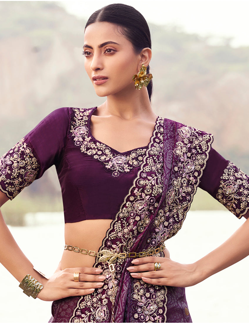 Wine Embroidered Satin Silk Saree with Khatli and Sequins Work