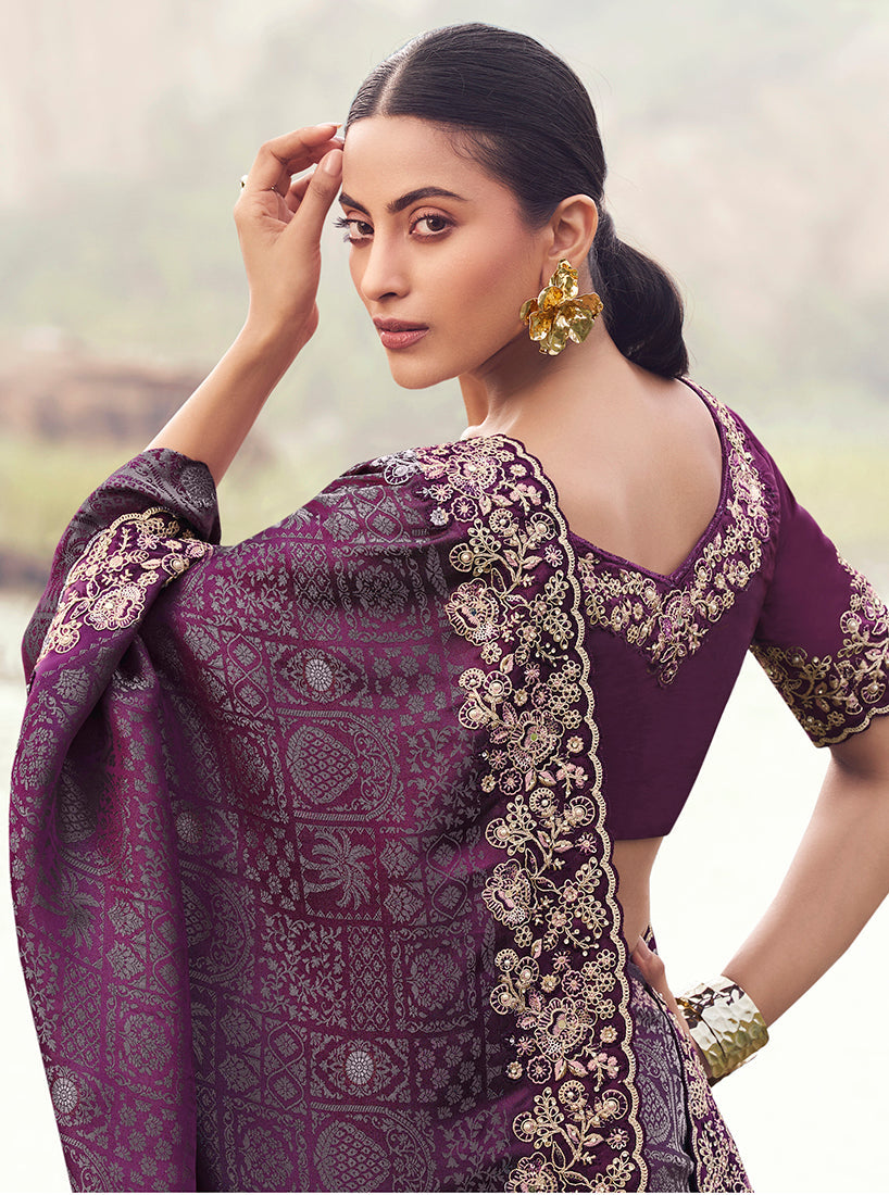Wine Embroidered Satin Silk Saree with Khatli and Sequins Work