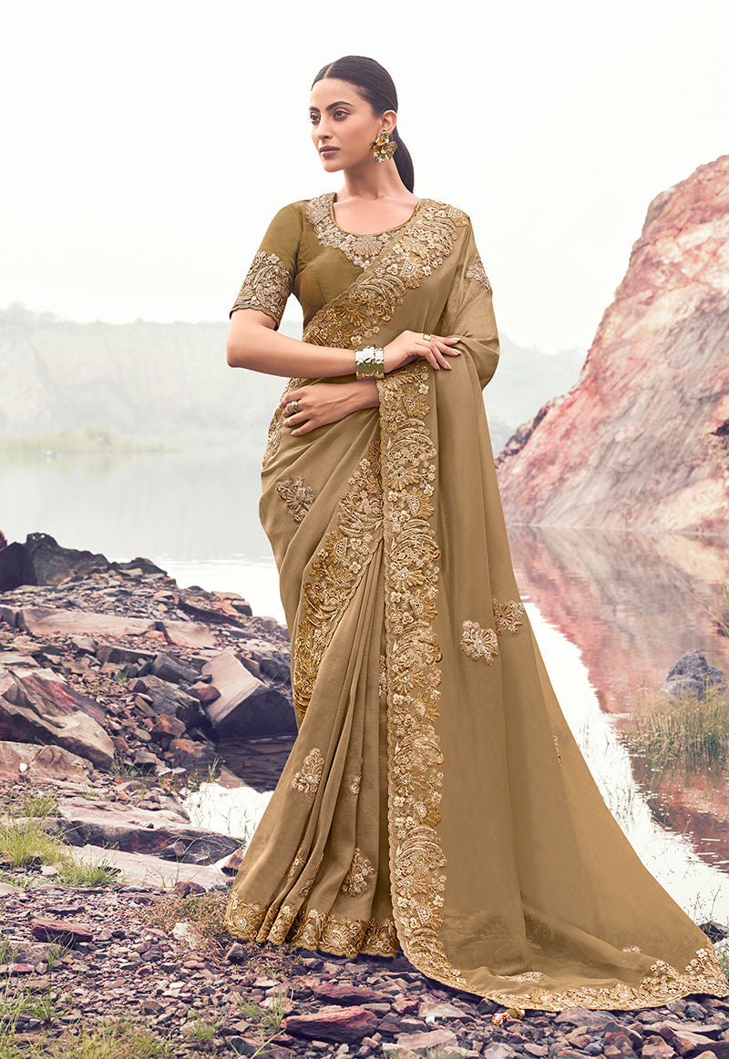 Chiku colored Banarasi silk blend saree with intricate embroidery