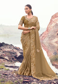 Chiku colored Banarasi silk blend saree with intricate embroidery