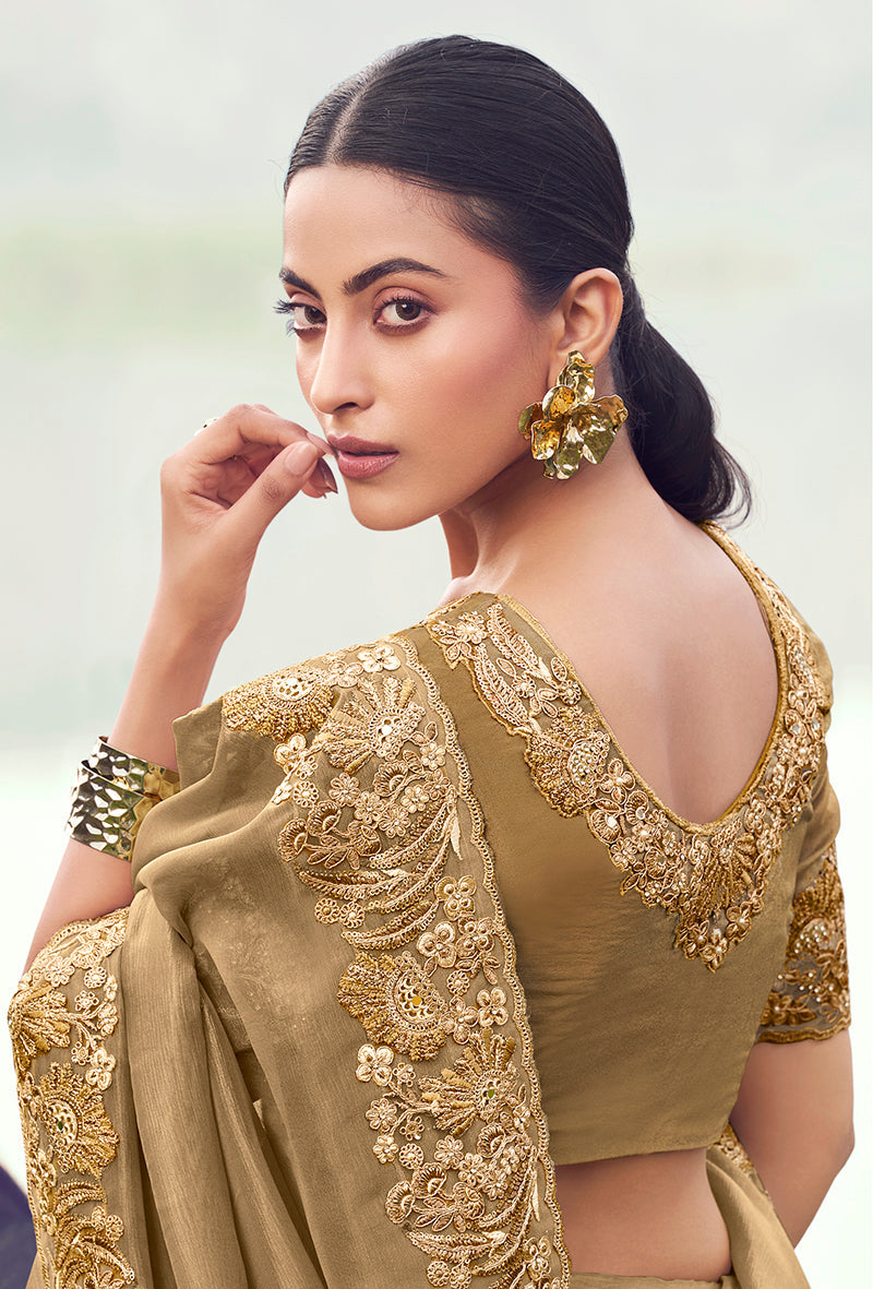 Chiku Embroidered Banarasi Silk Blend Saree