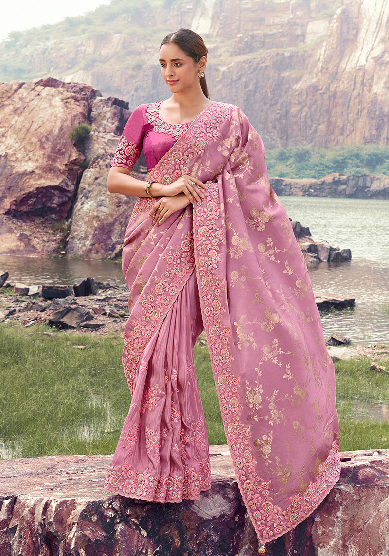 Onion pink faux tissue silk saree with intricate sequin and khatli embroidery