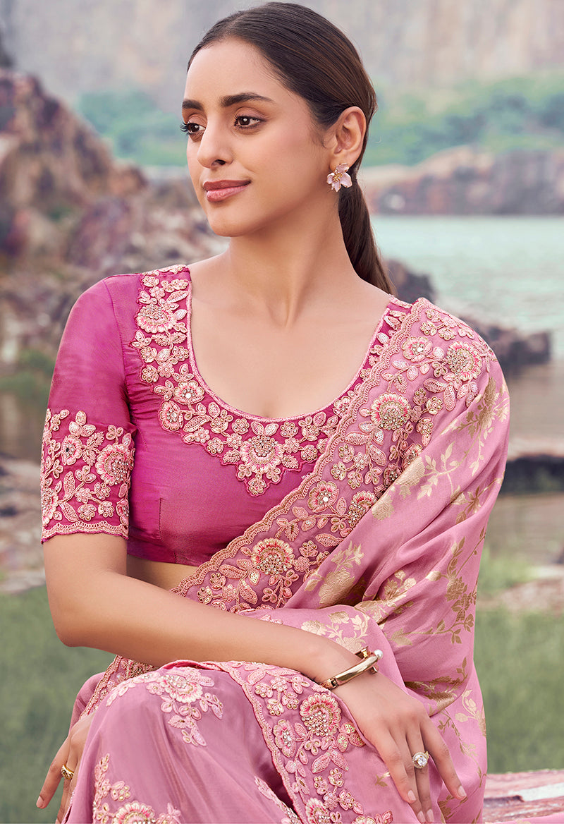 Onion Pink Embroidered Faux Tissue Silk Saree with Khatli Work