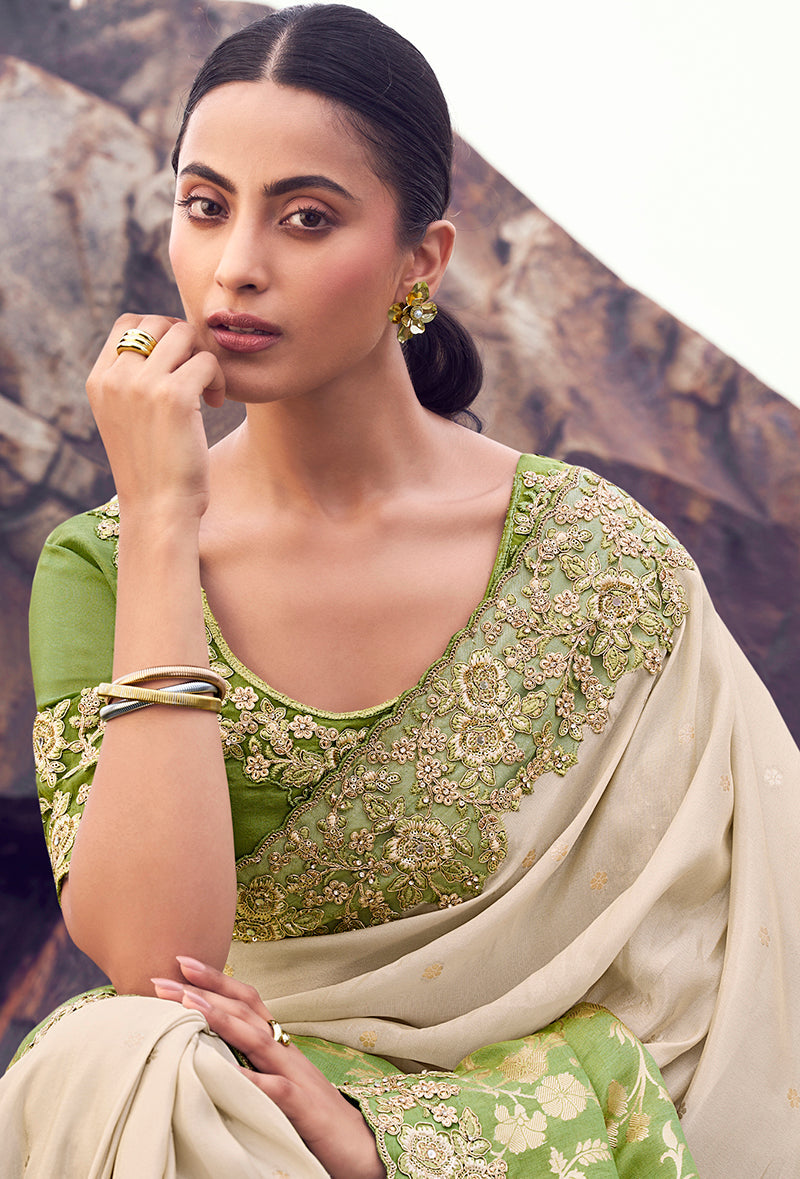 Beige & Green Embroidered Woven Faux Tissue Silk Saree