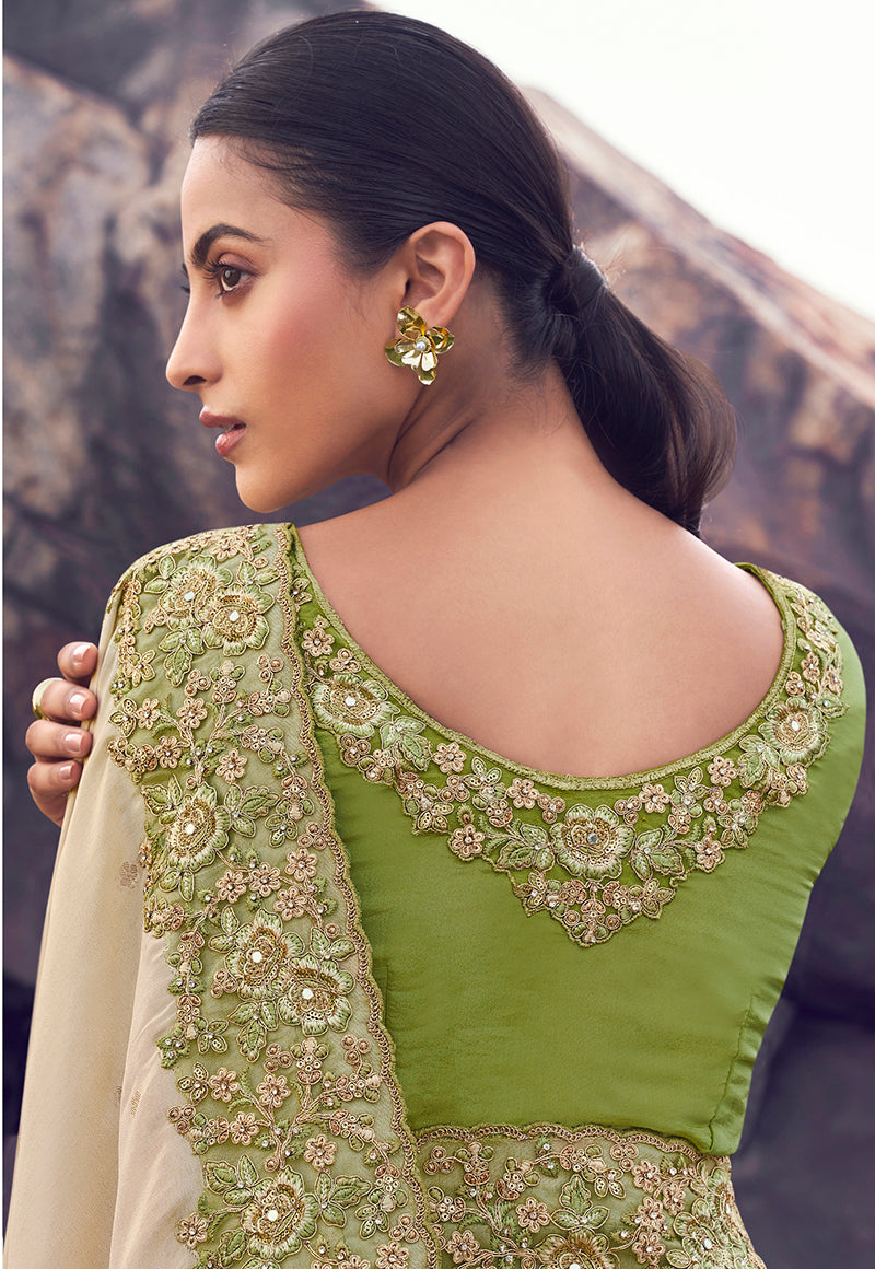 Beige & Green Embroidered Woven Faux Tissue Silk Saree