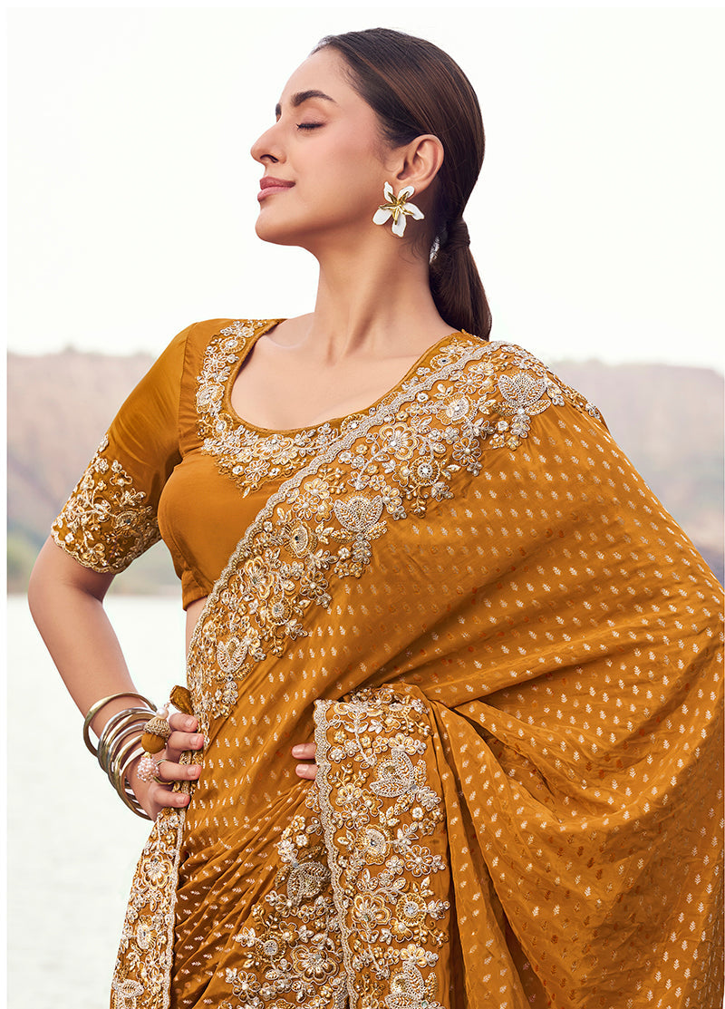 Rust Orange Embroidered Satin Silk Saree with Khatli and Sequins
