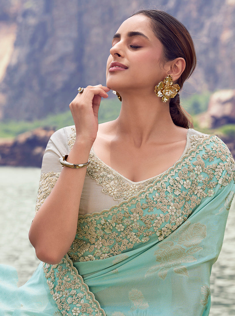 Light Sky Blue Faux Tissue Silk Saree with Exquisite Embroidery
