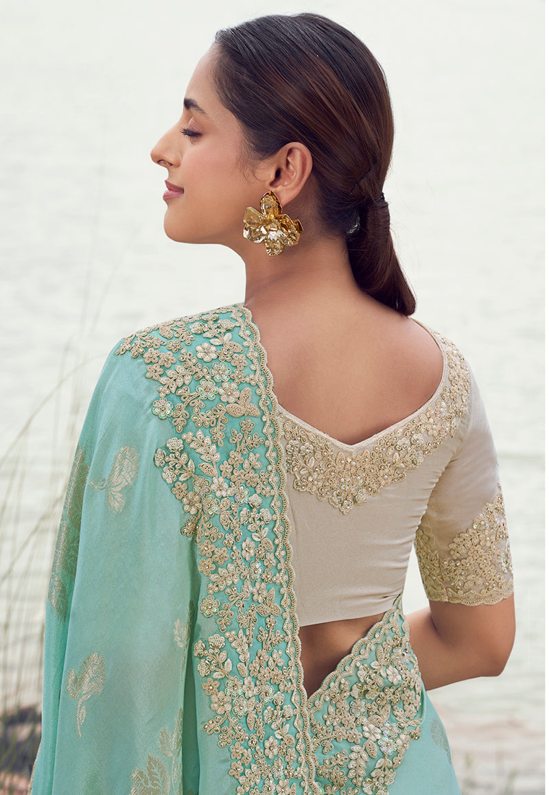 Light Sky Blue Faux Tissue Silk Saree with Exquisite Embroidery