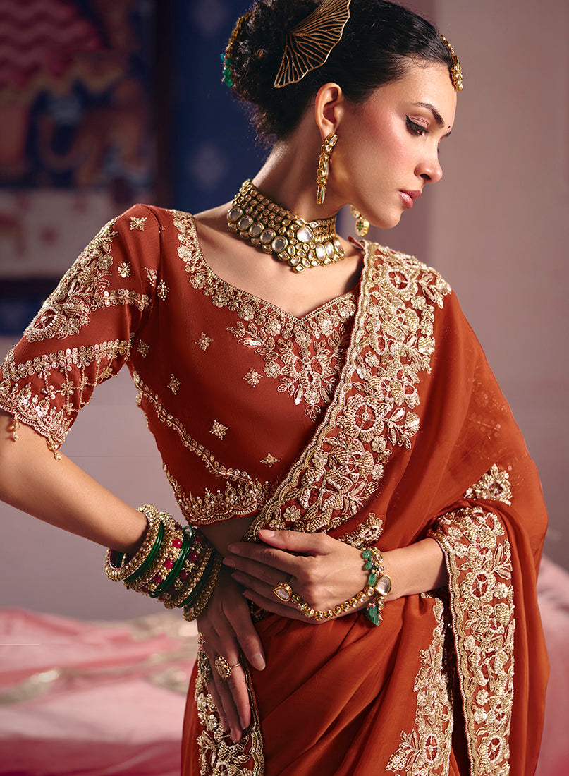 Rust Viscose Zari Tissue Silk Saree with Intricate Embroidery