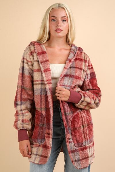 Colorful fuzzy plaid hooded jacket with long sleeves and plush texture