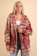 Colorful fuzzy plaid hooded jacket with long sleeves and plush texture