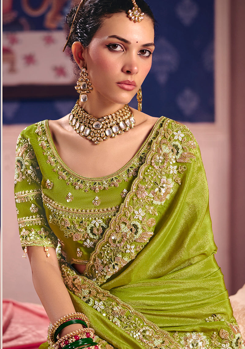 Parrot Green Viscose Zari Tissue Silk Saree with Embroidery