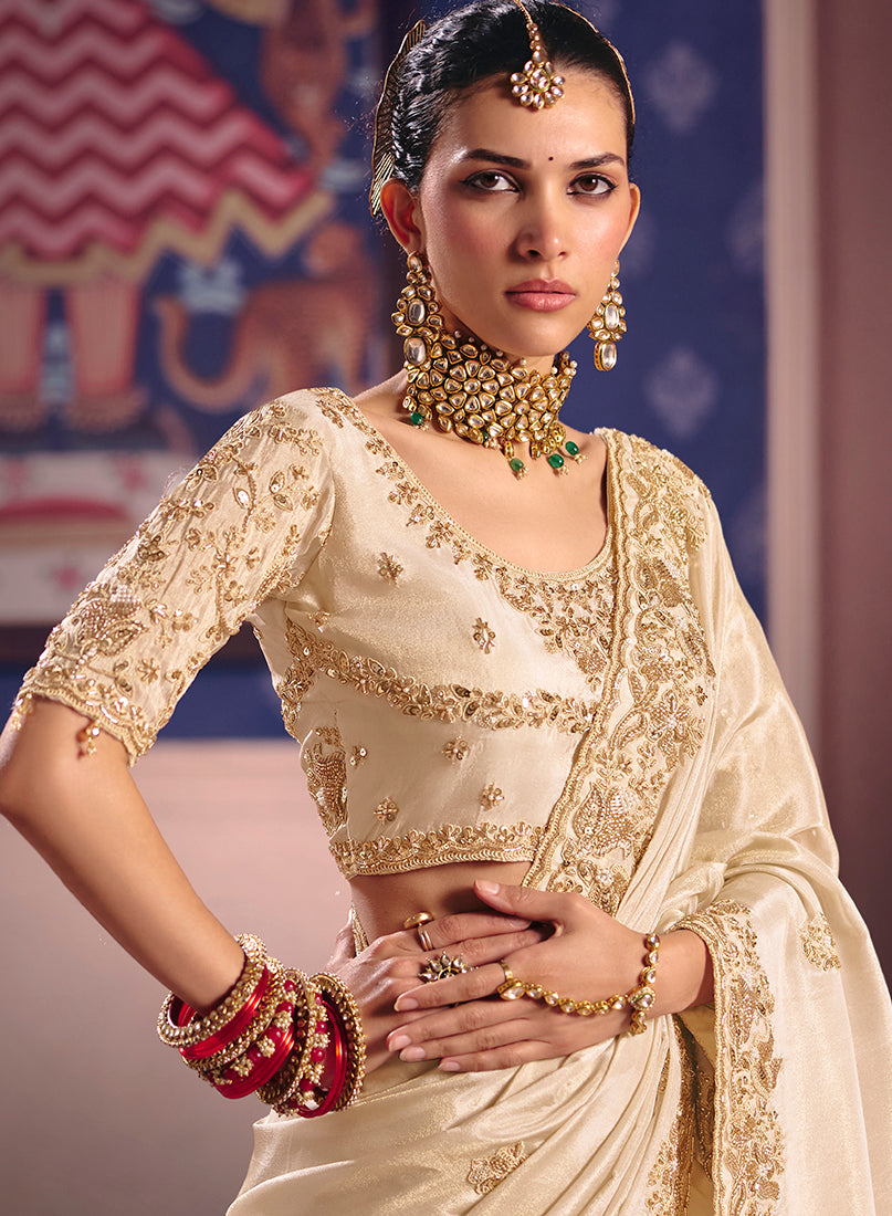 Cream Viscose Zari Tissue Silk Saree with Intricate Embroidery