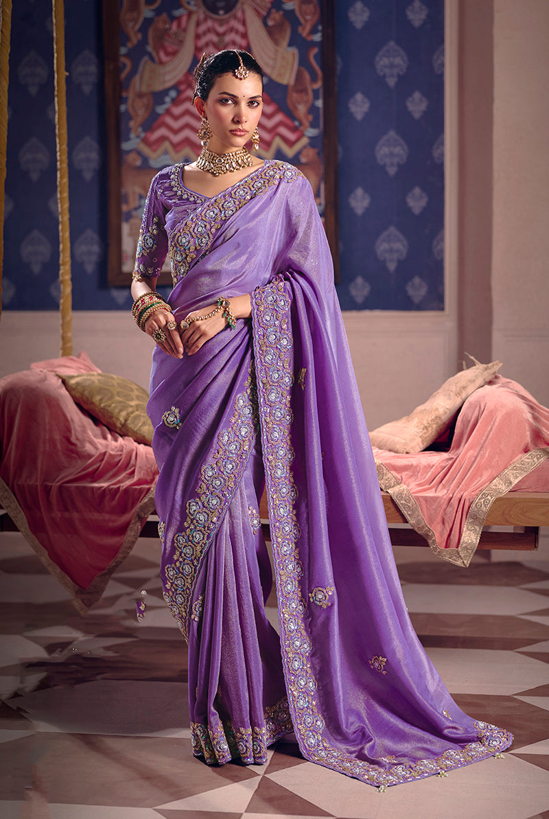 Lavender viscose zari tissue silk saree with intricate embroidery and elegant sheen
