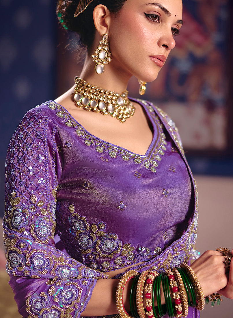 Lavender Viscose Zari Tissue Silk Embroidered Saree