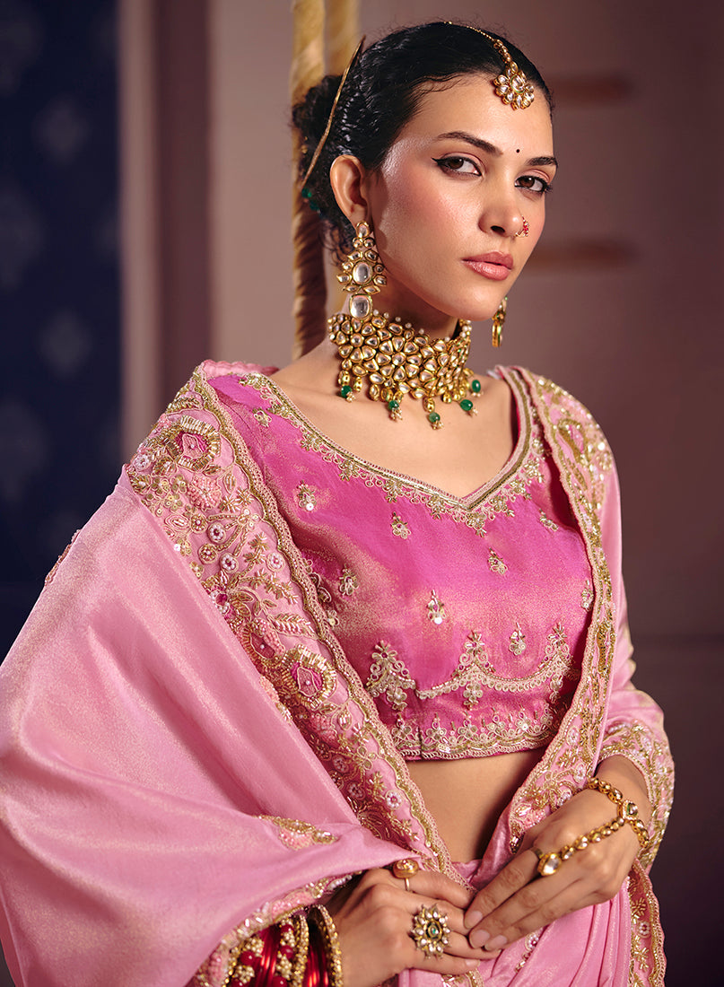 Pink Viscose Zari Tissue Silk Embroidered Saree