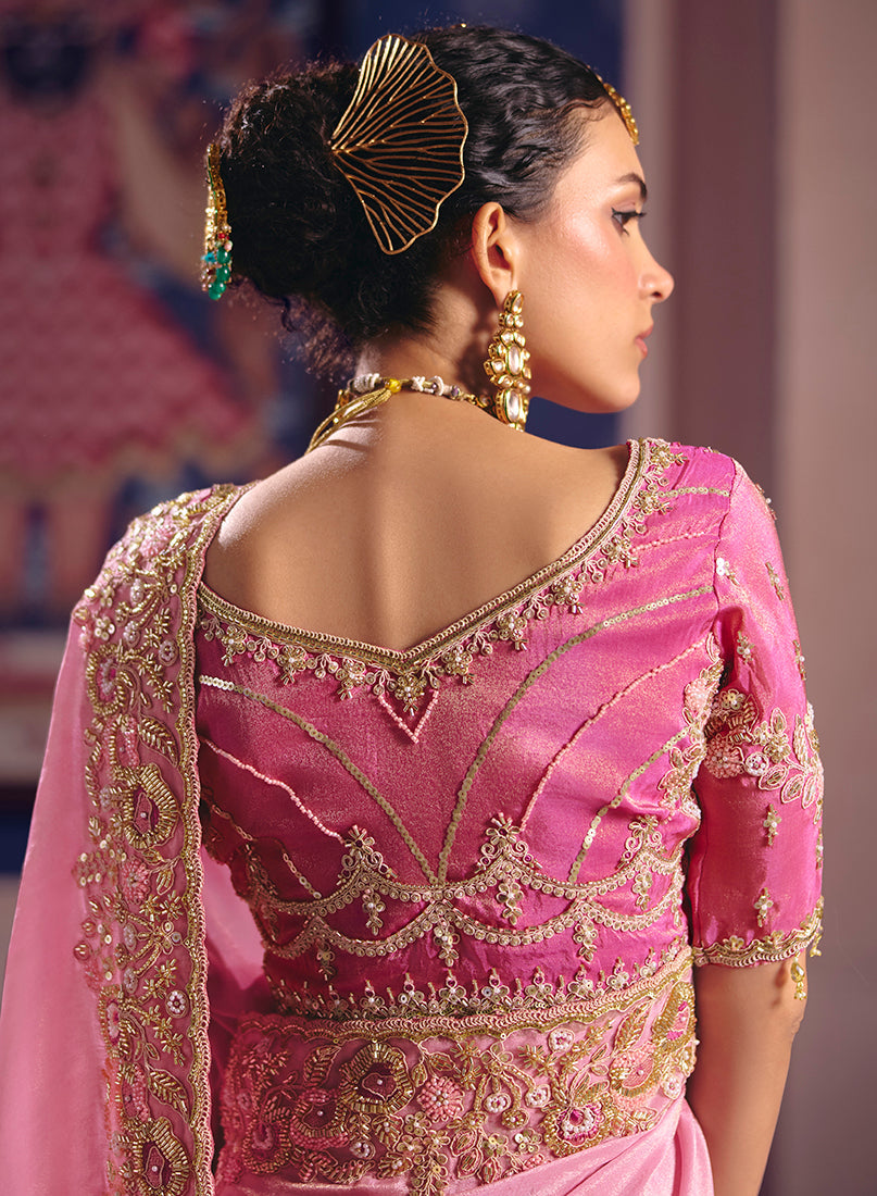 Pink Viscose Zari Tissue Silk Embroidered Saree