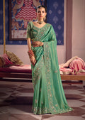 Sea Green Viscose Zari Tissue Silk Saree with intricate embroidery and elegant drape