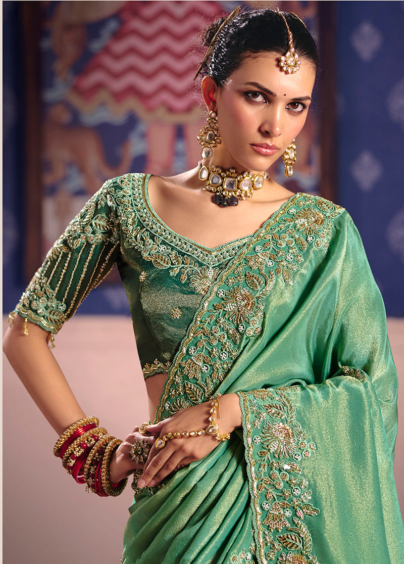 Sea Green Viscose Zari Tissue Silk Embroidered Saree