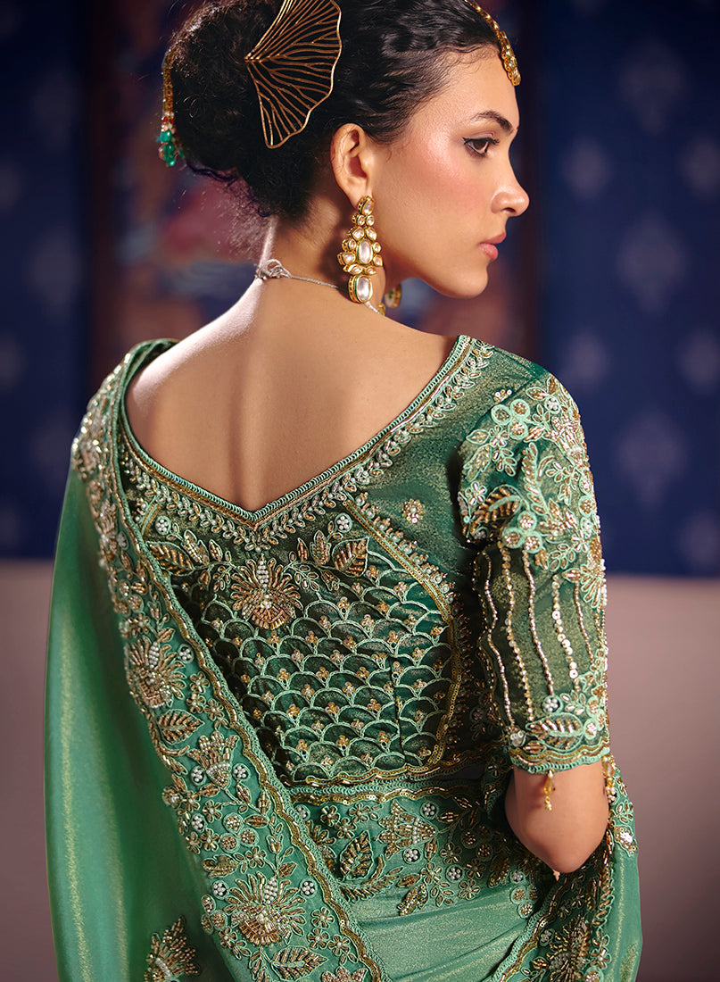 Sea Green Viscose Zari Tissue Silk Embroidered Saree