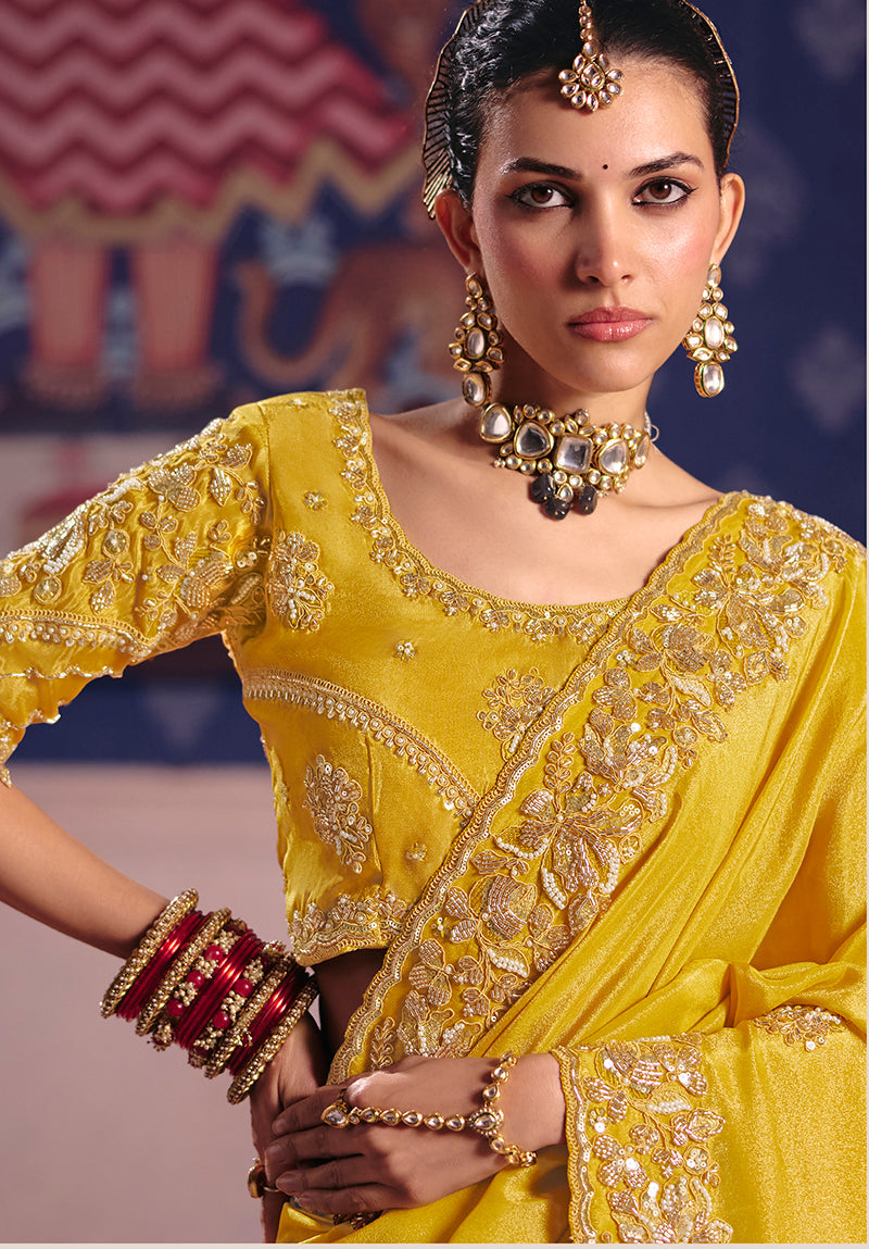 Yellow Viscose Zari Tissue Silk Embroidered Saree