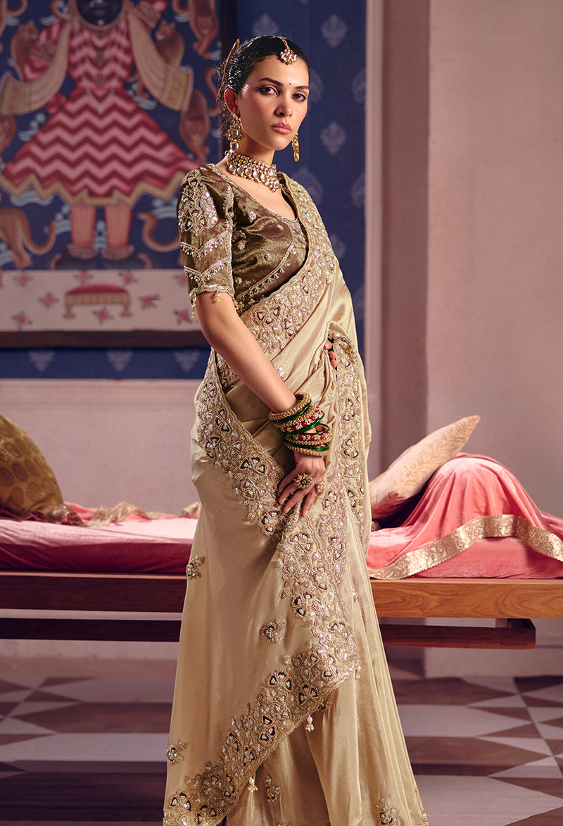 Chiku Viscose Zari Tissue Silk Embroidered Saree