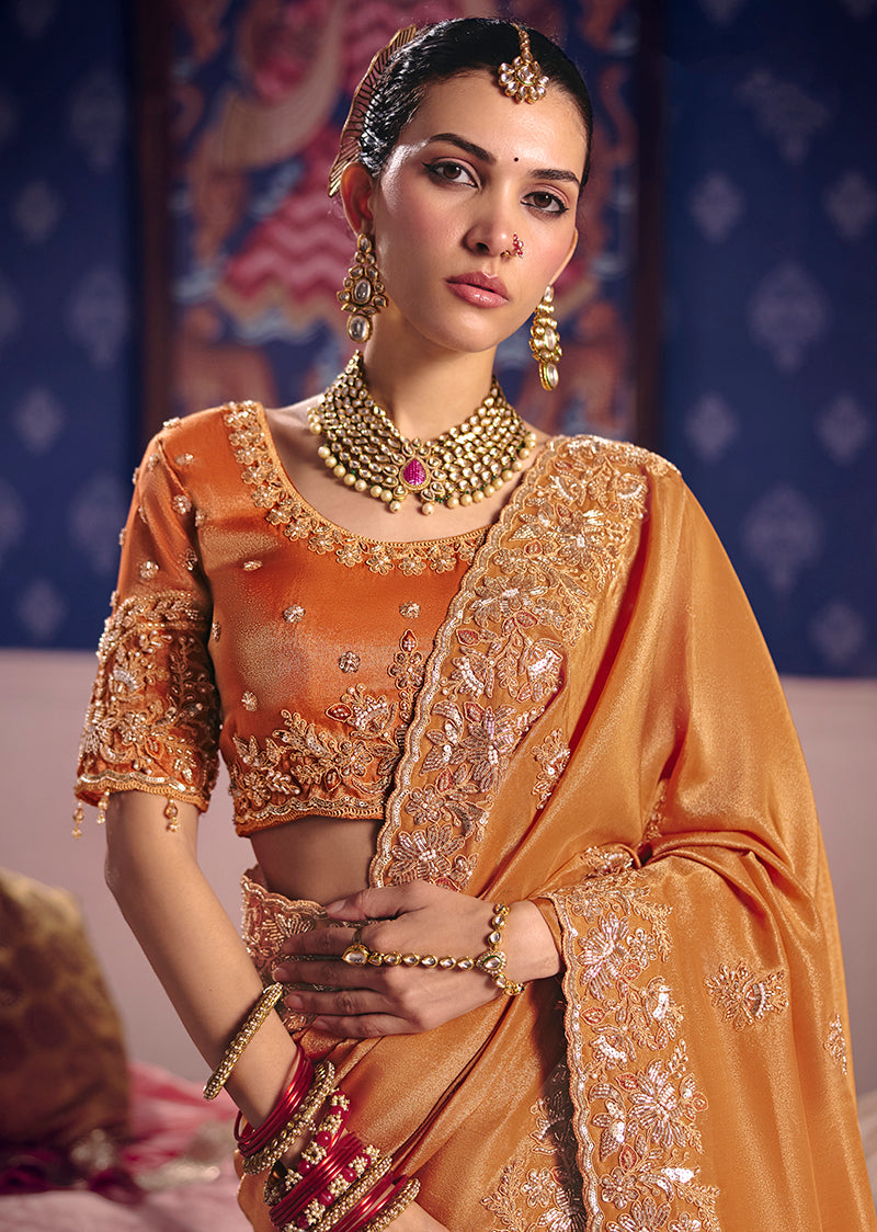 Orange Viscose Zari Tissue Silk Saree with Embroidery