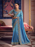 Light blue viscose zari tissue silk saree with intricate embroidery