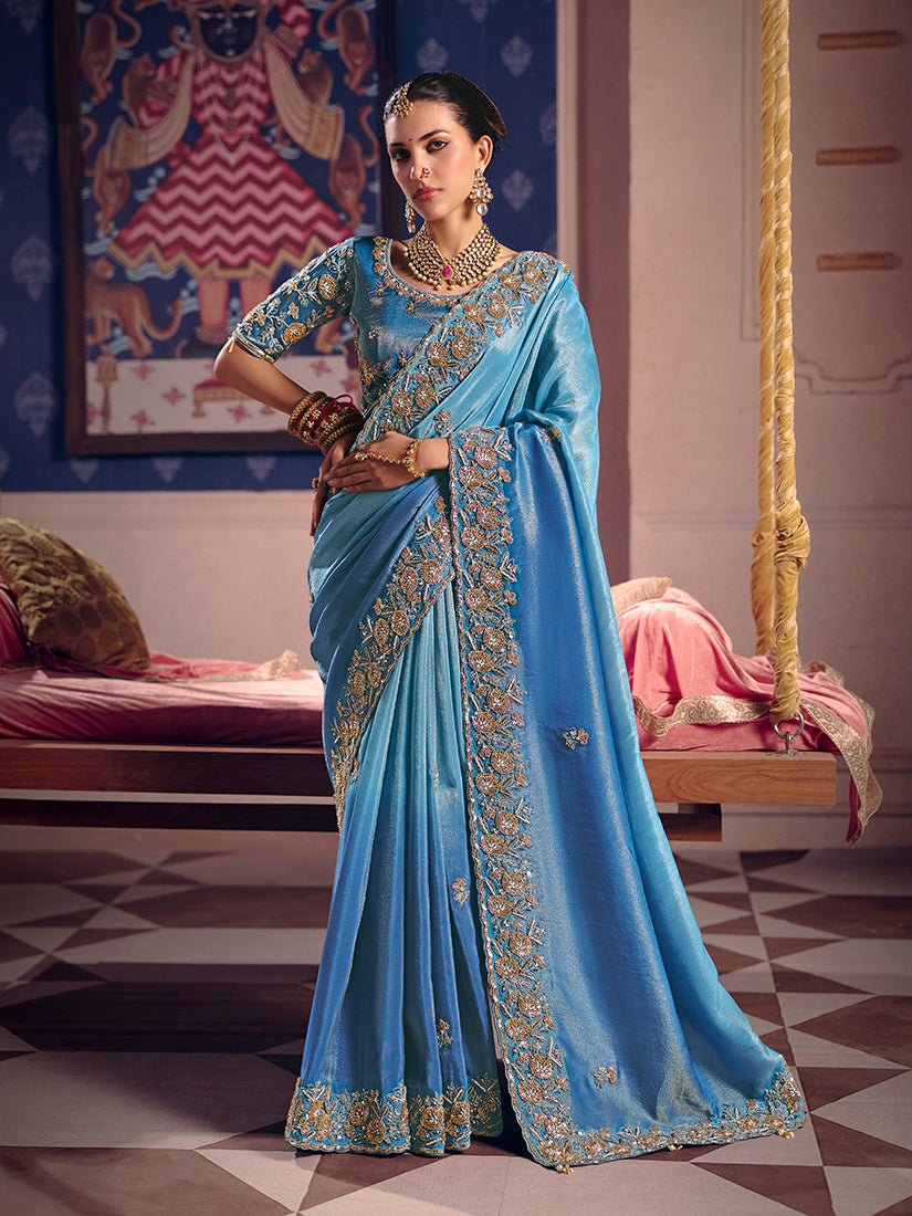Light blue viscose zari tissue silk saree with intricate embroidery