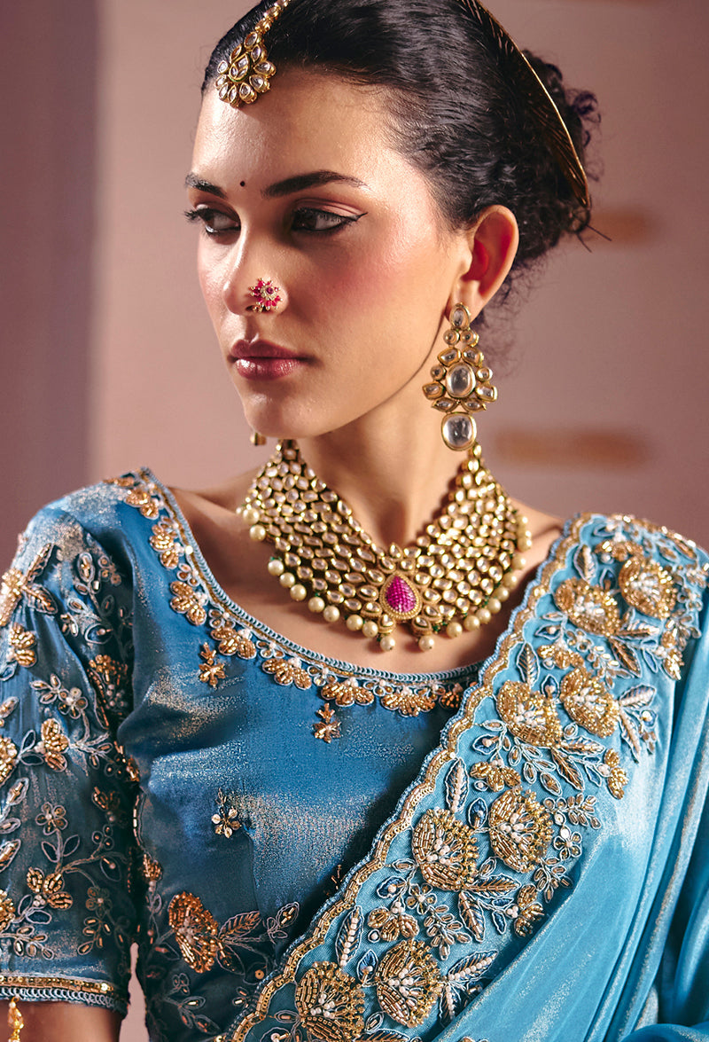 Light Blue Viscose Zari Tissue Silk Embroidered Saree