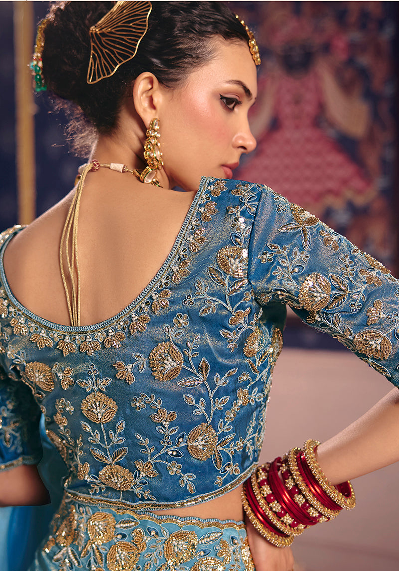 Light Blue Viscose Zari Tissue Silk Embroidered Saree