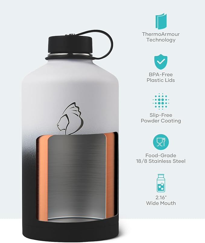 BUZIO 1 Gallon Water Bottle, 128oz Insulated Water Jug Double Walled Vacuum Stainless Steel Travel Flask (Cold for 48 Hrs), Leak Proof BPA-Free Large Canteen with Straw Lid, Black White
