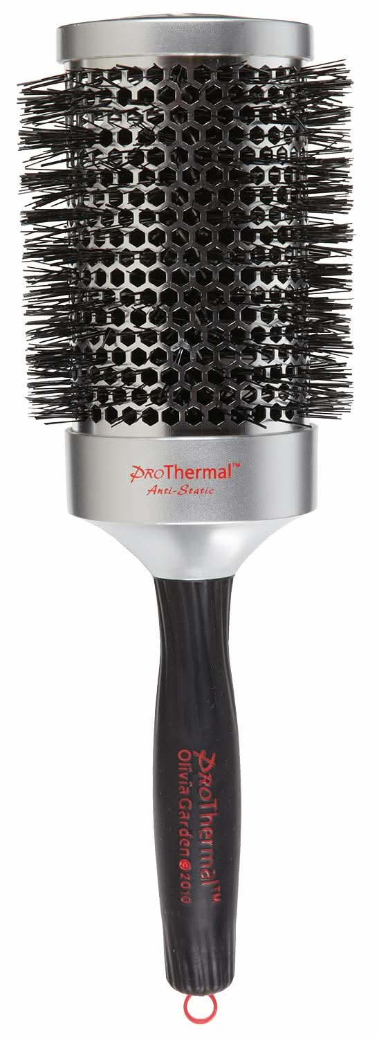 Olivia Garden ProThermal T-63 hair brush in metallic silver and matte black with ergonomic handle