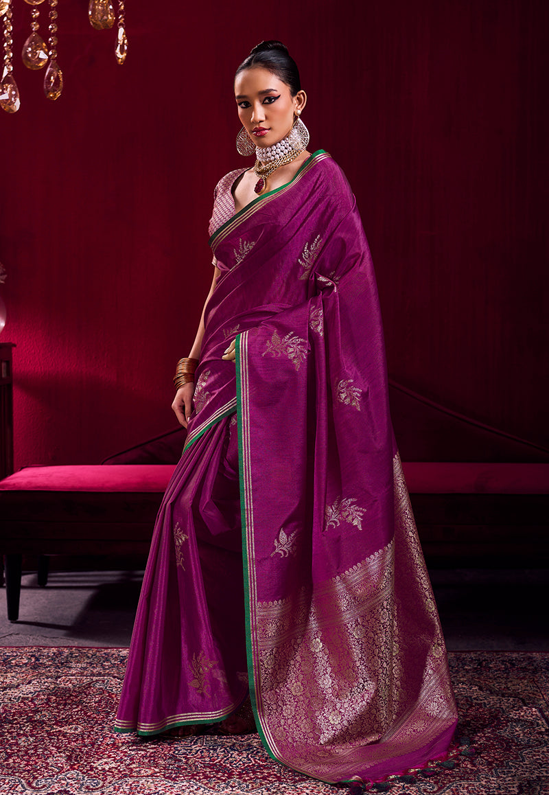 Dark Magenta Satin Linen Silk Saree with shimmering handloom zari weaving and unstitched blouse piece
