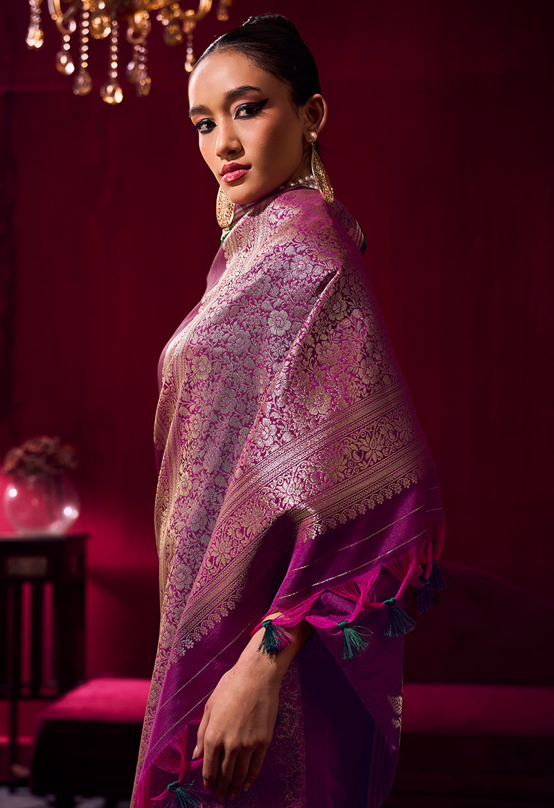 Dark Magenta Satin Linen Silk Saree with Handloom Zari Weaving