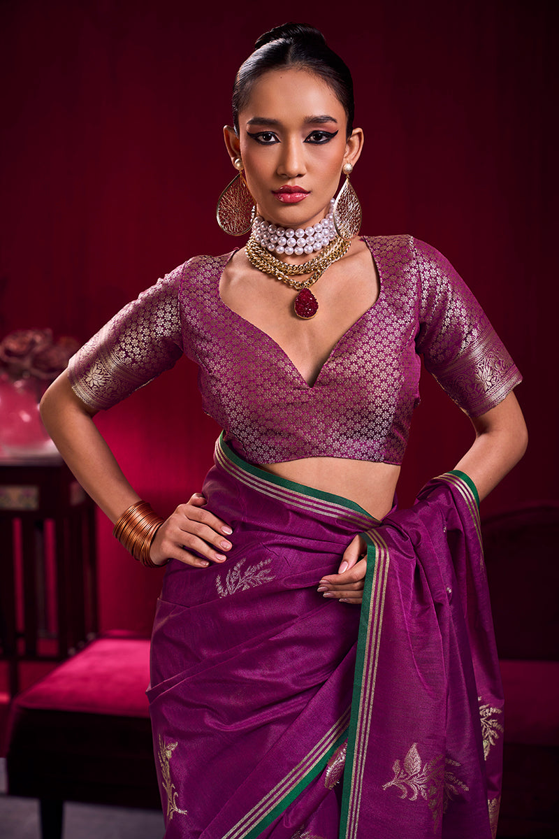 Dark Magenta Satin Linen Silk Saree with Handloom Zari Weaving