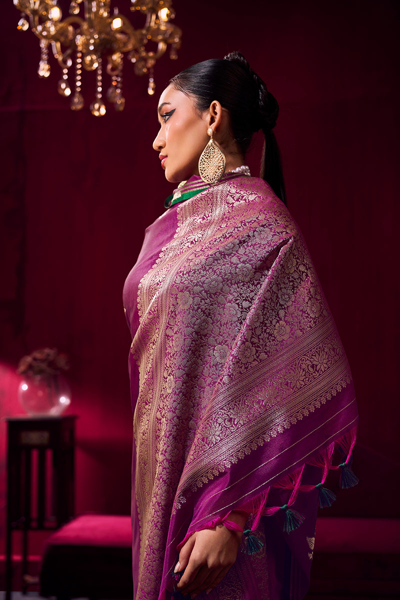 Dark Magenta Satin Linen Silk Saree with Handloom Zari Weaving