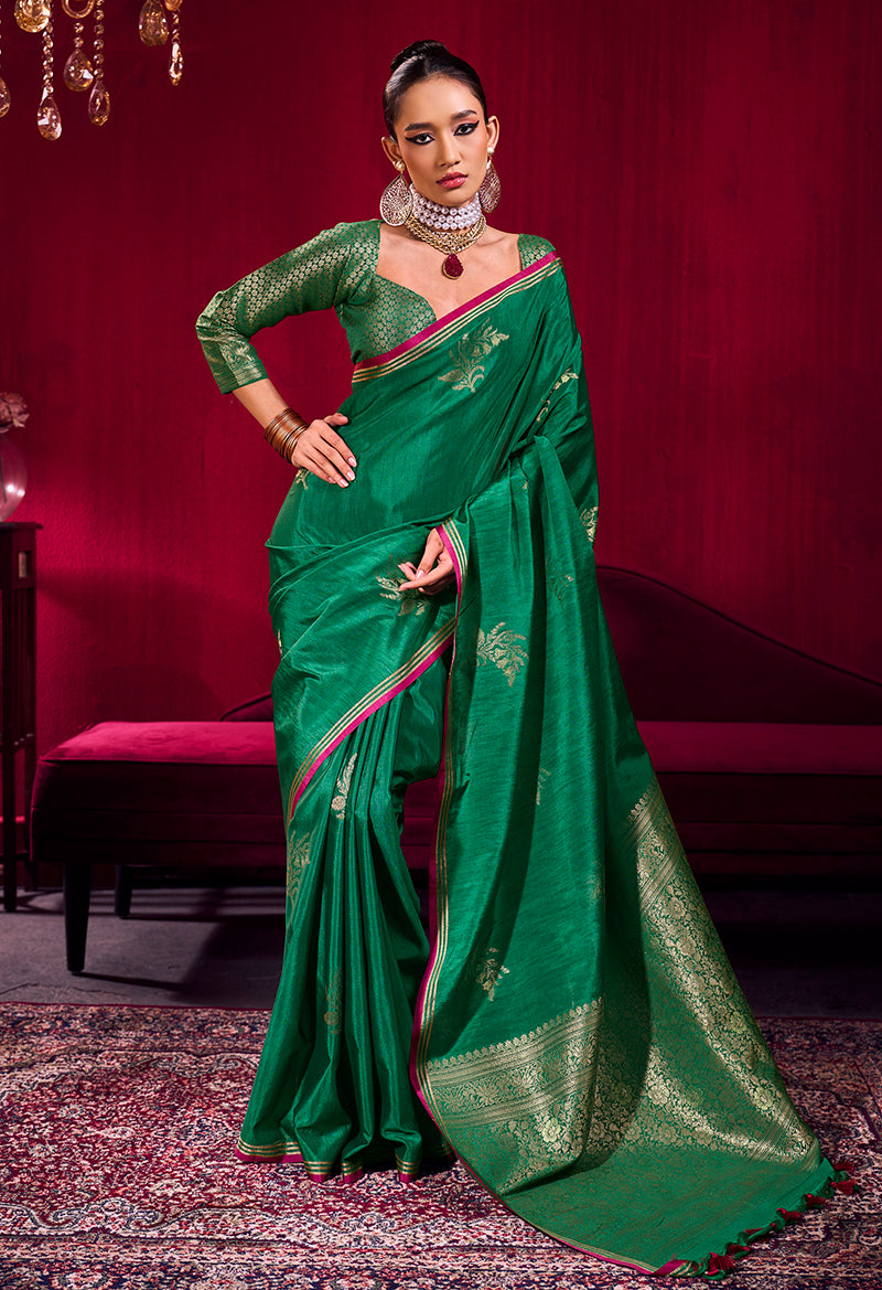 Dark green satin linen handloom silk saree with shimmering woven details
