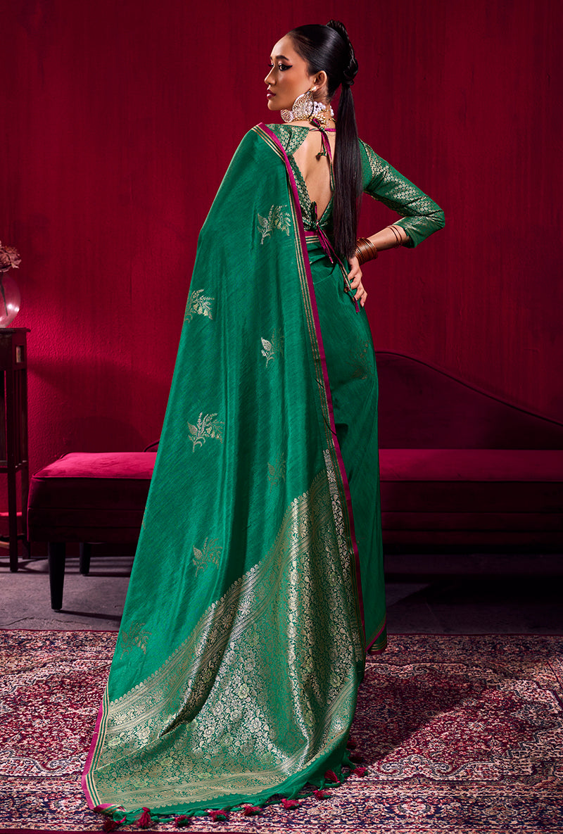 Dark Green Satin Linen Handloom Silk Saree with Shimmering Weave