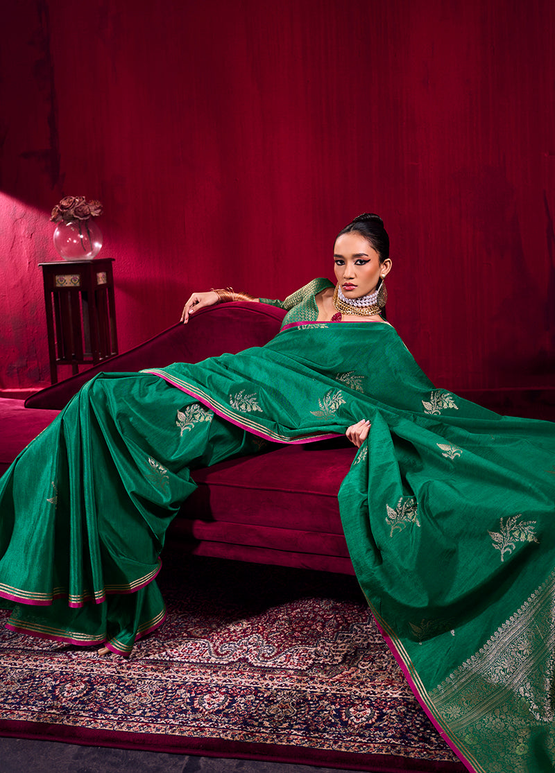 Dark Green Satin Linen Handloom Silk Saree with Shimmering Weave