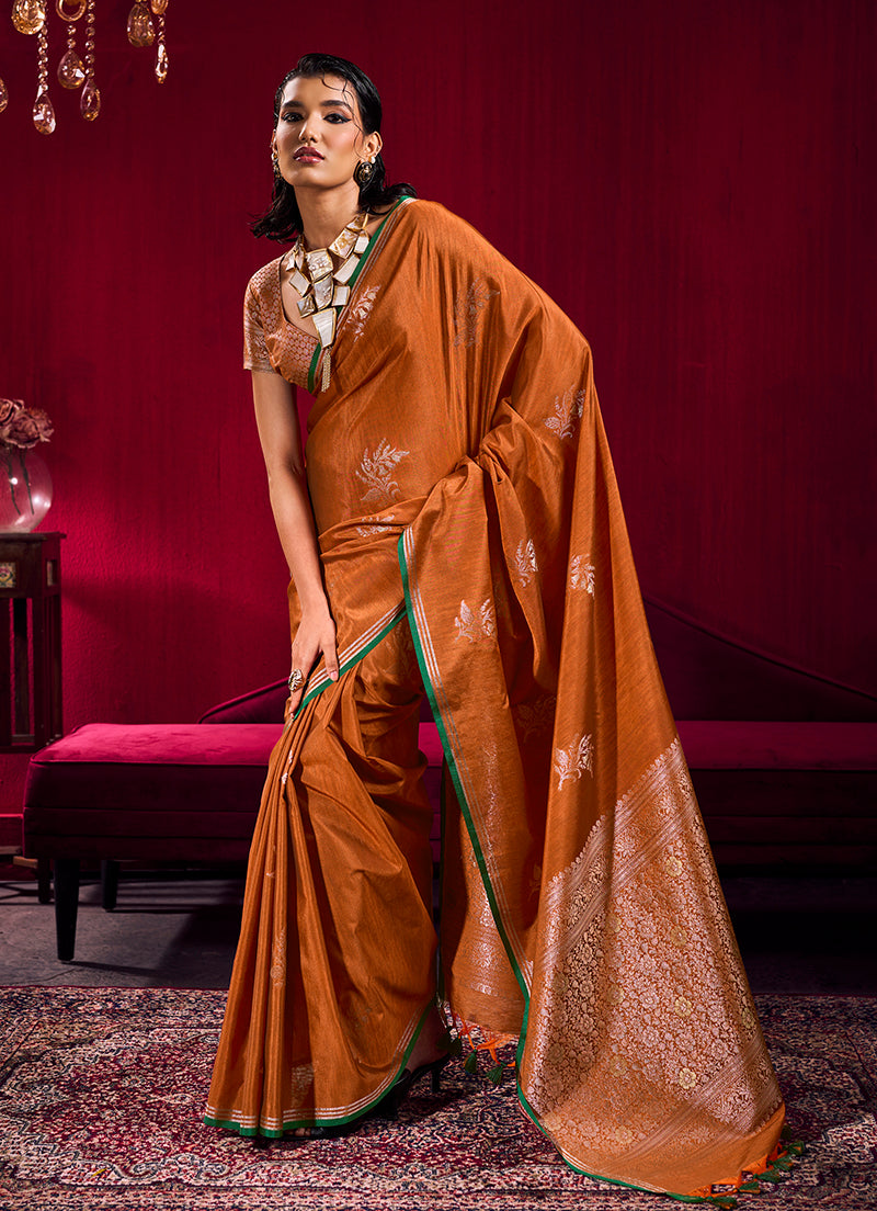 Rust colored satin linen silk saree with handloom weaving patterns